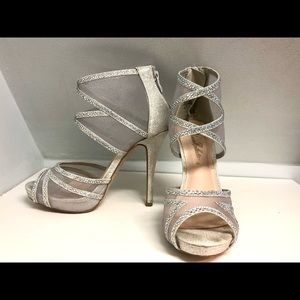silver heels with rhinestone and mesh detailing